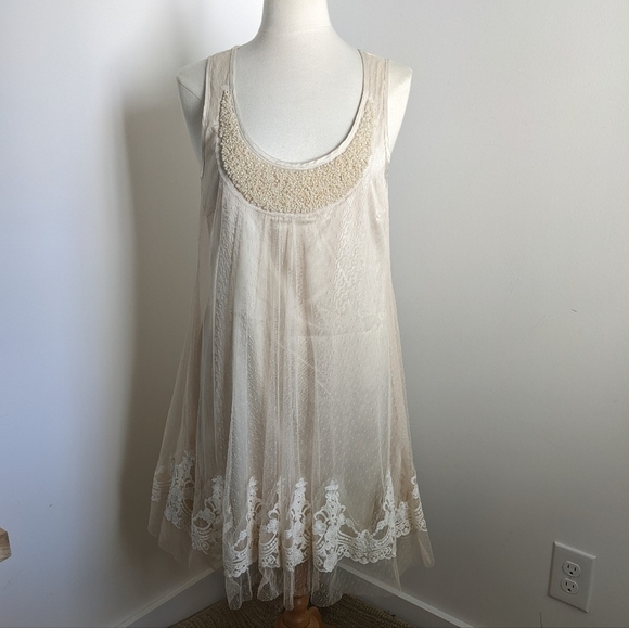 CREAM Slip Dress with Mesh and Lace Overlay M Coquette Lingerie Style - Picture 6 of 12